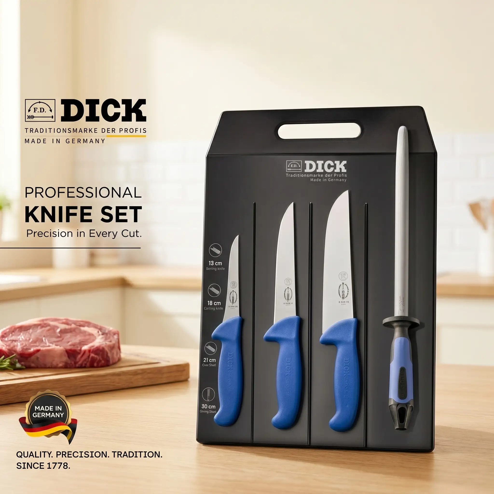 Serie de Couteaux+ Fusil 4Pcs (21-18-13cm) Bleu ErgoGrip F.DICK Germany
