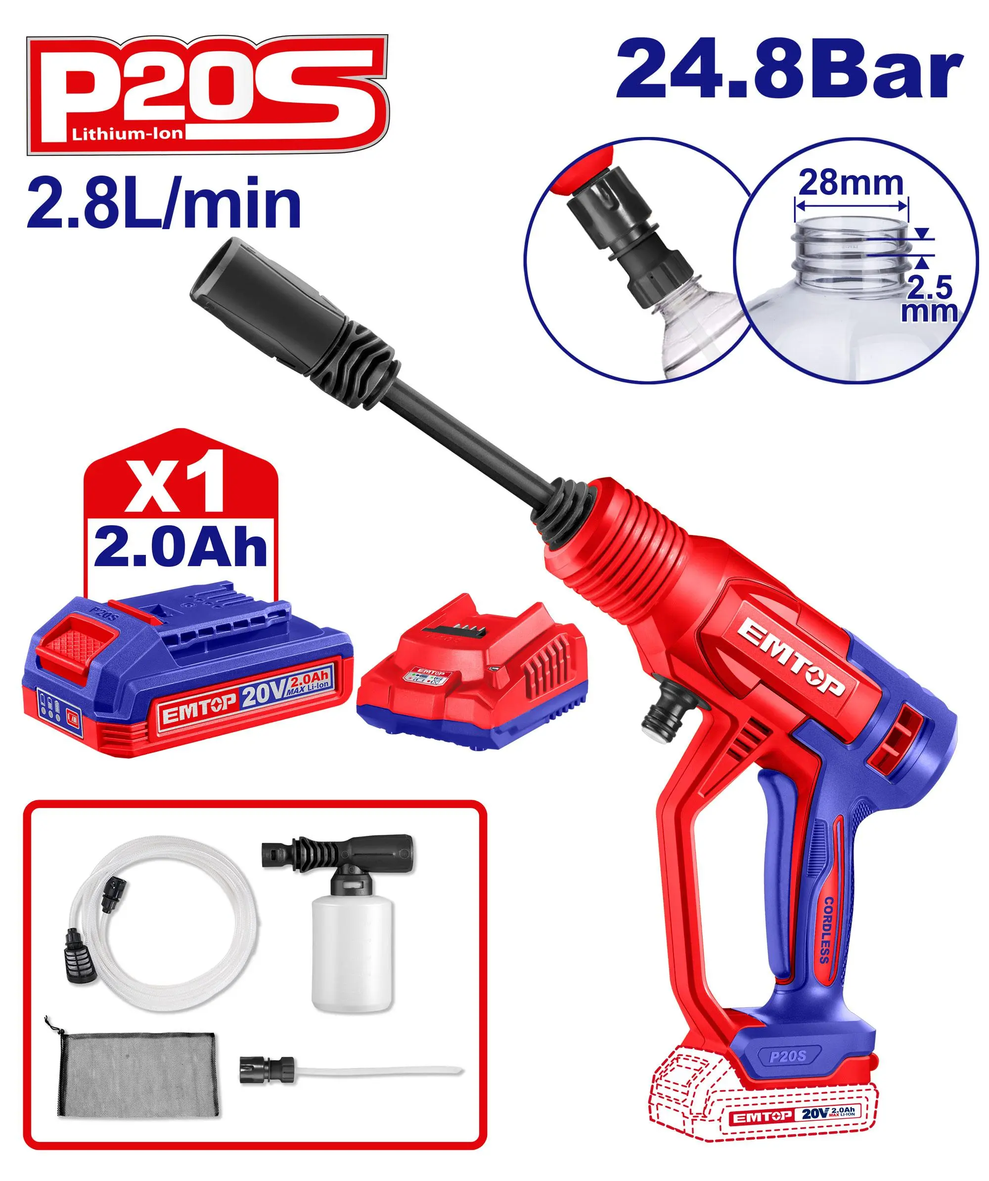 Nettoyeur Haute Pression Sans Fil 20v 2.0Ah  EMTOP | ELPW20362